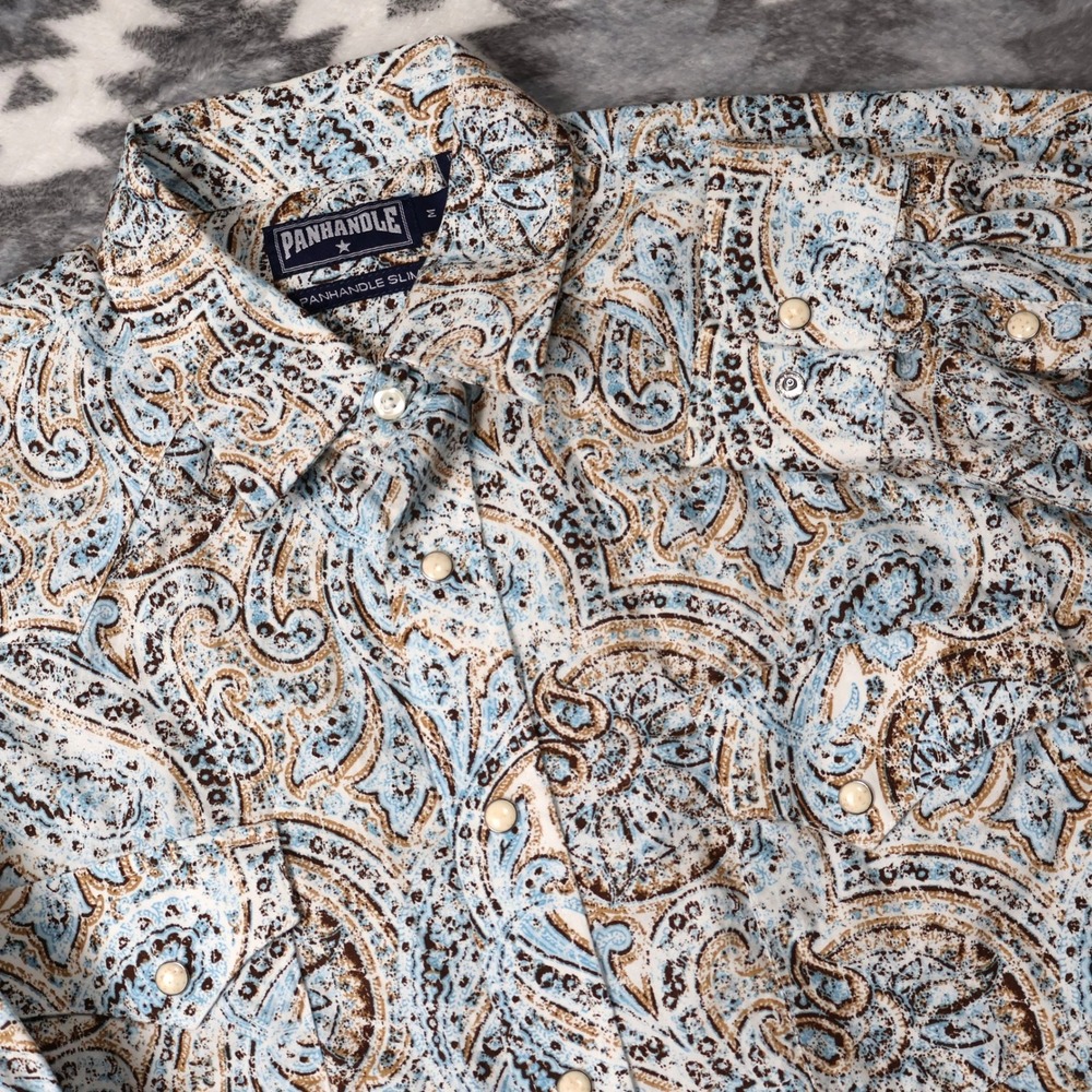 Panhandle Slim Mens Blue Tan Paisley Western Snap Button Down Shirt Medium